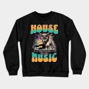 HOUSE MUSIC  - Feline Dj On Decks 2 (teal/orange) Crewneck Sweatshirt